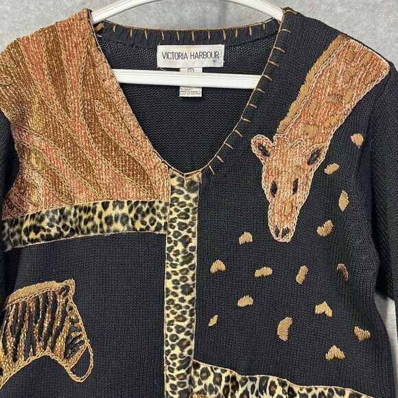 Vintage VICTORIA HARBOUR Safari Cardigan Sweater Animal Print Black Womens Small - Picture 7 of 12